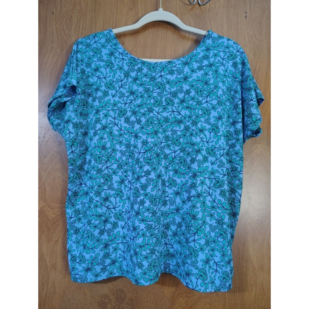 Banana Republic Shirt Womens Medium Blue Green Floral Short Sleeve Key Hole Tie